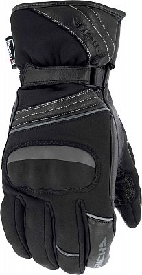 Black waterproof motorcycle gloves for women, featuring a sleek design, padded knuckles, and reflective detailing, made from durable materials, in size S.