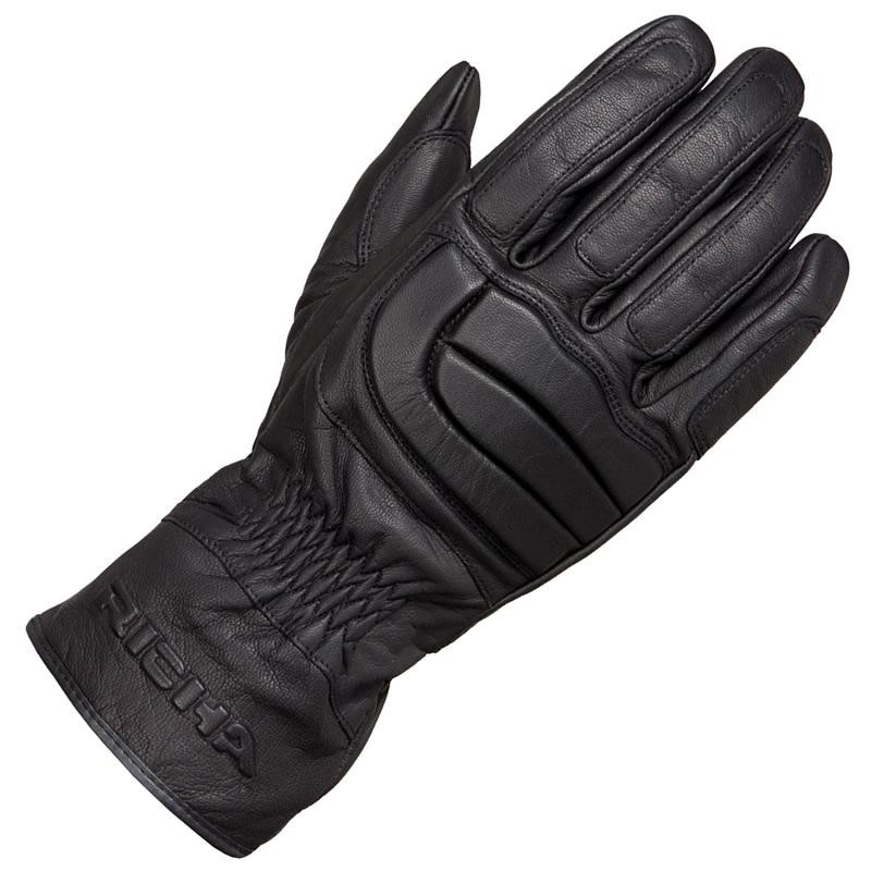 Black leather motorcycle gloves for women featuring padded knuckles, elastic wrist for a snug fit, and a sleek design, ideal for mid-season riding.
