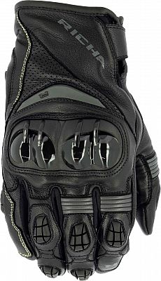 Black and grey leather motorcycle gloves featuring protective knuckle armor, ventilation holes, and a secure wrist strap, designed for enhanced grip and safety.