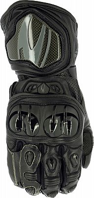 Black leather motorcycle gloves featuring reinforced knuckles, ventilation panels, and adjustable wrist straps for enhanced protection and comfort.