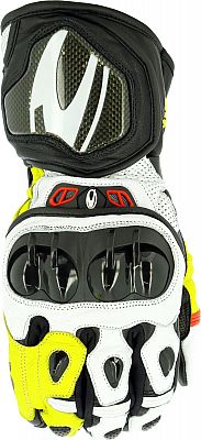 Red and white leather motorcycle gloves with black accents, featuring carbon fiber knuckle protection, ventilation holes, and bright yellow detailing.