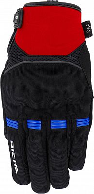 Black, red, and blue waterproof motorcycle gloves for men, featuring a textured grip, adjustable wrist strap, and reinforced knuckles, designed for durability and comfort.