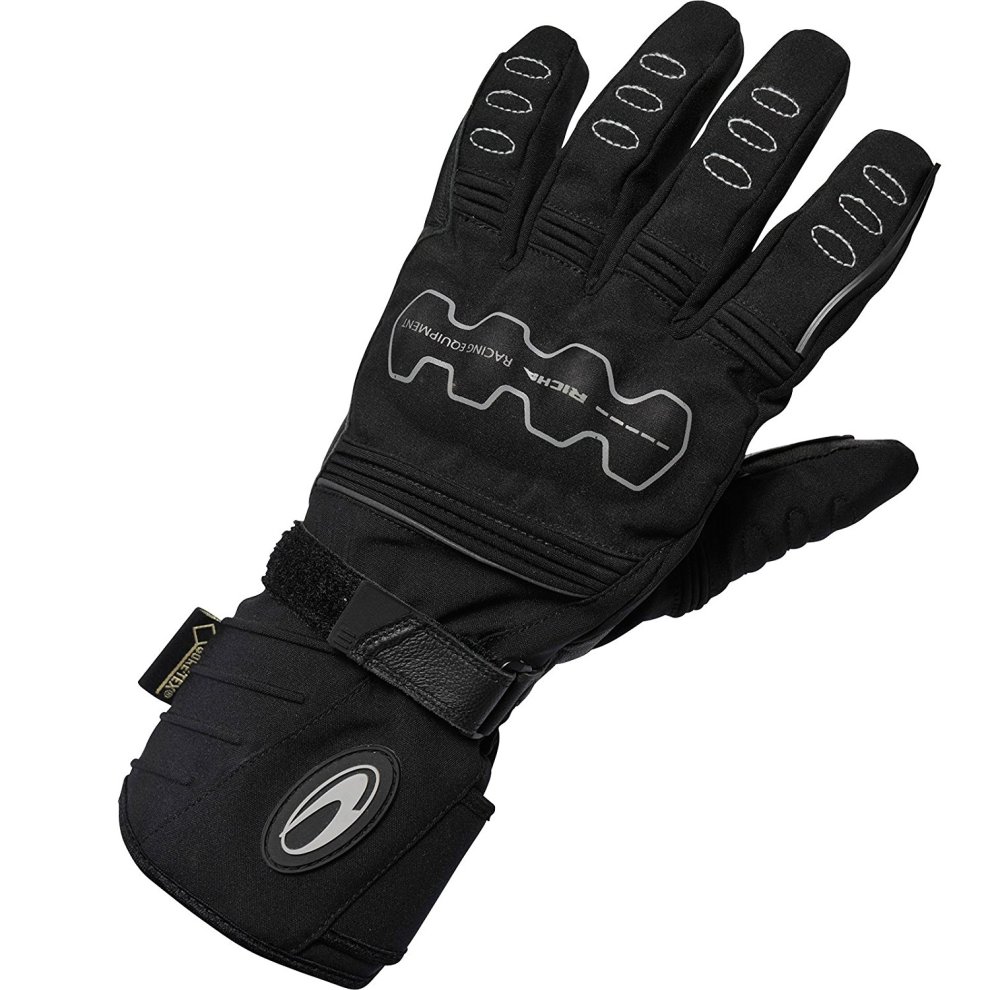 Black Richa Sonar GTX motorcycle gloves in size 4XL, featuring a durable exterior, reinforced knuckles, and reflective detailing for visibility.