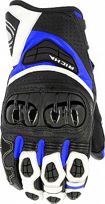 Black leather motorcycle gloves with white and blue accents, featuring reinforced knuckles, perforated panels for ventilation, and a sporty design by Richa.