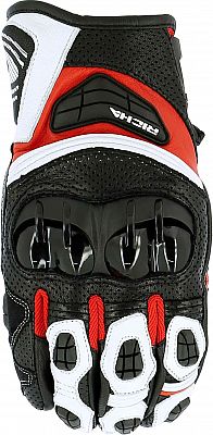 Black leather motorcycle gloves with white and red accents, featuring protective knuckle armor, perforated sections for ventilation, and a secure wrist closure.