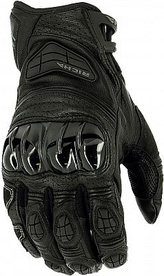 Black leather motorcycle gloves featuring protective knuckle armor, reinforced palm, and textured grip, designed for comfort and safety in size XXL.