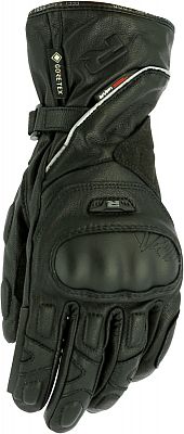 Black leather motorcycle gloves for women, featuring Gore-Tex waterproof material, padded knuckles, and adjustable wrist strap, available in size XL.