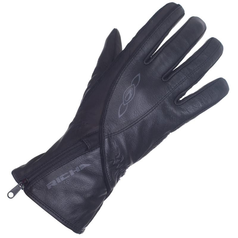 Black leather motorcycle gloves for women, featuring a sleek design, zipper closure, and subtle branding on the wrist, ideal for summer riding.