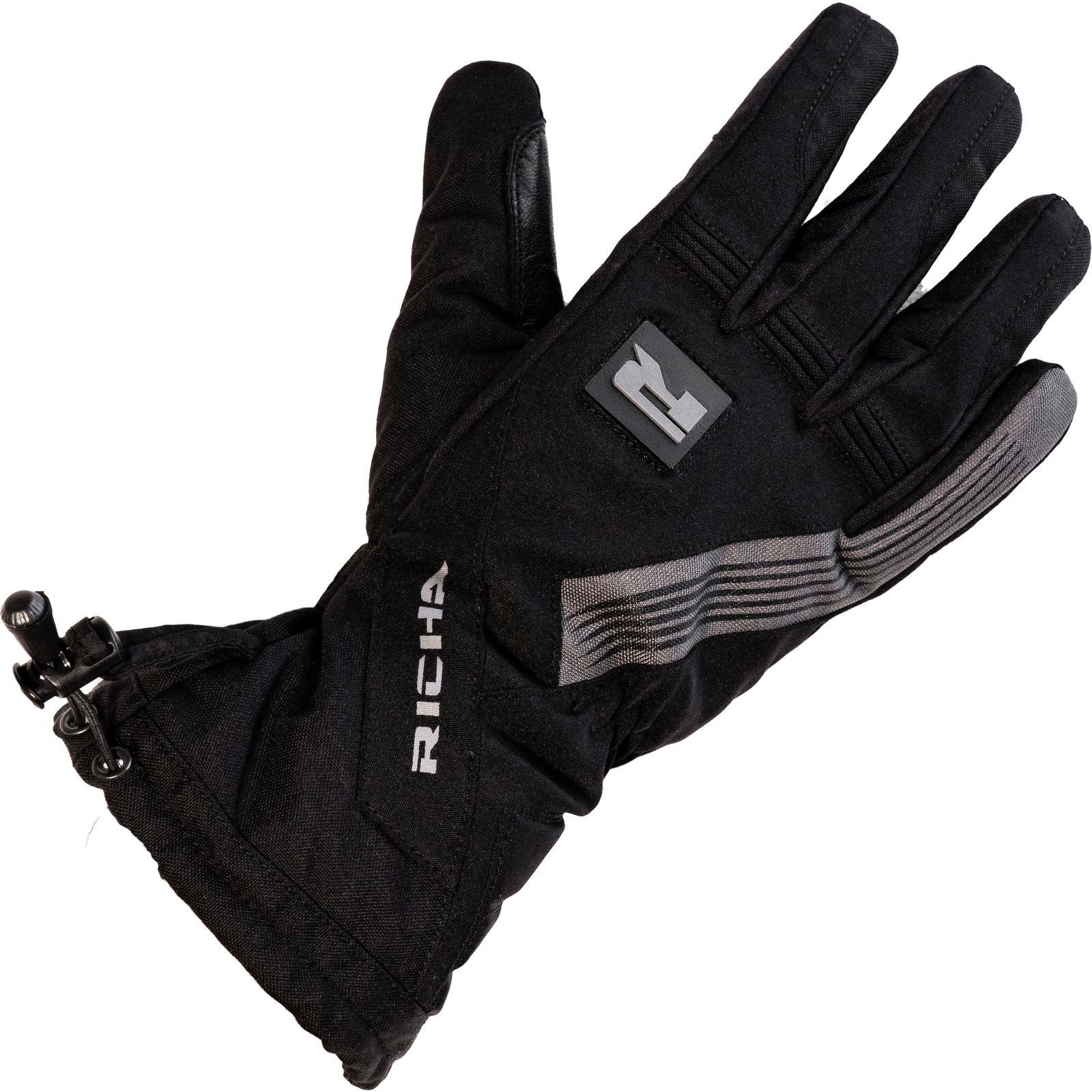Black motorcycle gloves featuring a textured finish, reinforced knuckles, adjustable wrist closure, and Richa branding on the side.