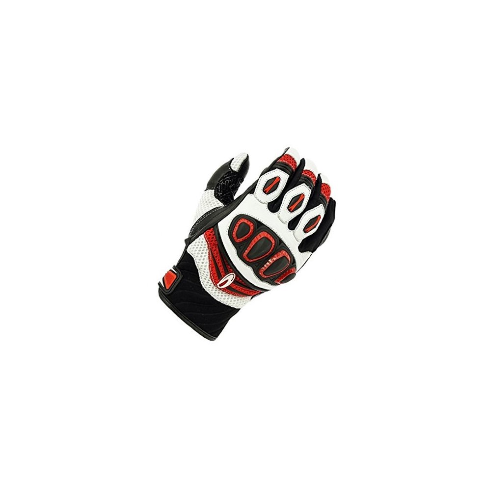 Black, red, and white summer motorcycle gloves in size 3XL, featuring knuckle protection, mesh panels for breathability, and a secure wrist closure.