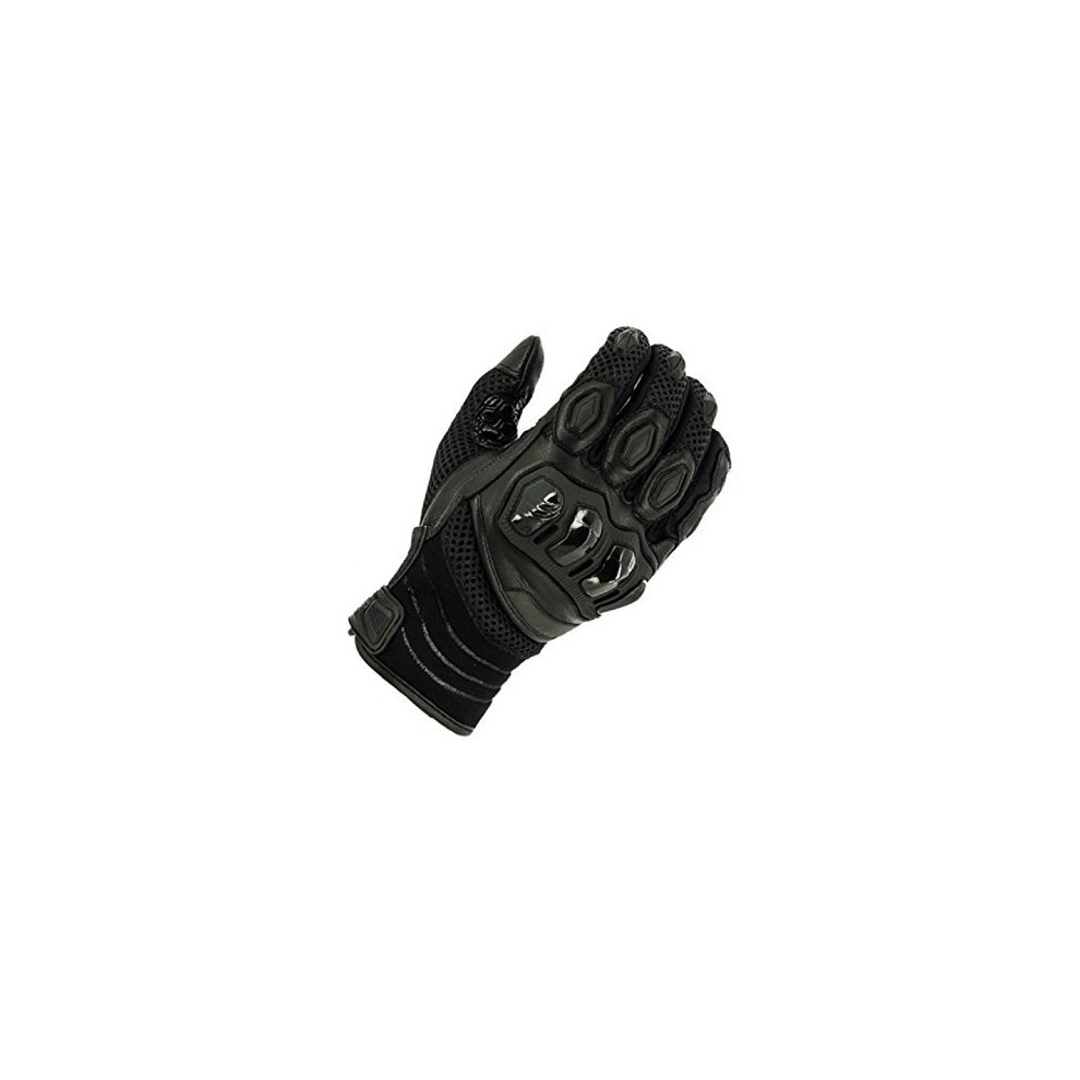 Black summer motorcycle gloves featuring a durable outer material, knuckle protection, and ventilation panels for breathability, designed for comfort and safety.