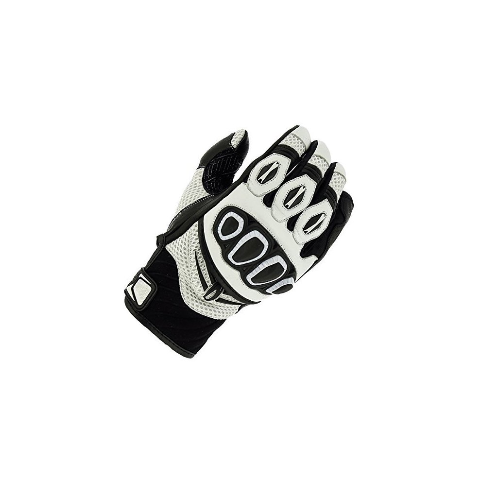 Black and white summer motorcycle gloves featuring a breathable mesh design, padded knuckles, and a secure wrist strap, sized XXL by Richa.