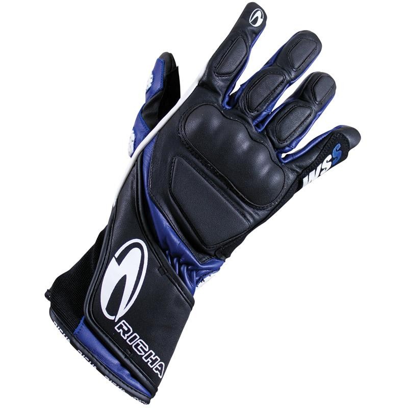 Black and blue Richa WSS motorcycle gloves in size XL, featuring a padded knuckle area, leather material, and a snug fit for enhanced grip and protection.