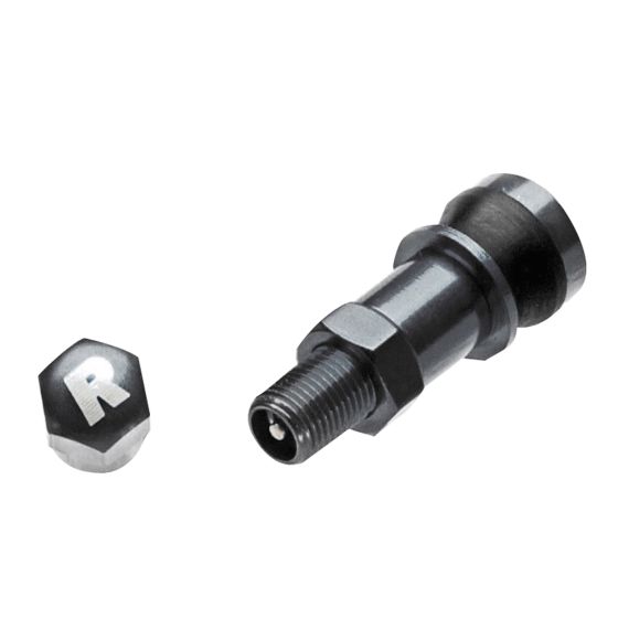 Black aluminium bolt-in valve with a hexagonal cap featuring a silver "R" logo, showcasing a sleek and durable design.