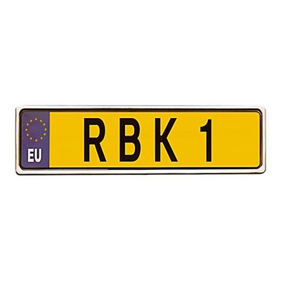 Stainless steel number plate surround in silver, featuring a yellow background with black lettering "RBK 1" and a purple EU emblem on the left.