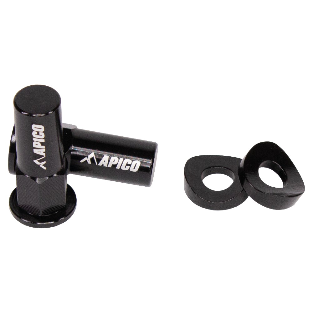 Black aluminum rim lock nut and washer set by Apico, featuring a sleek design with engraved logo, ideal for securing motorcycle rims.