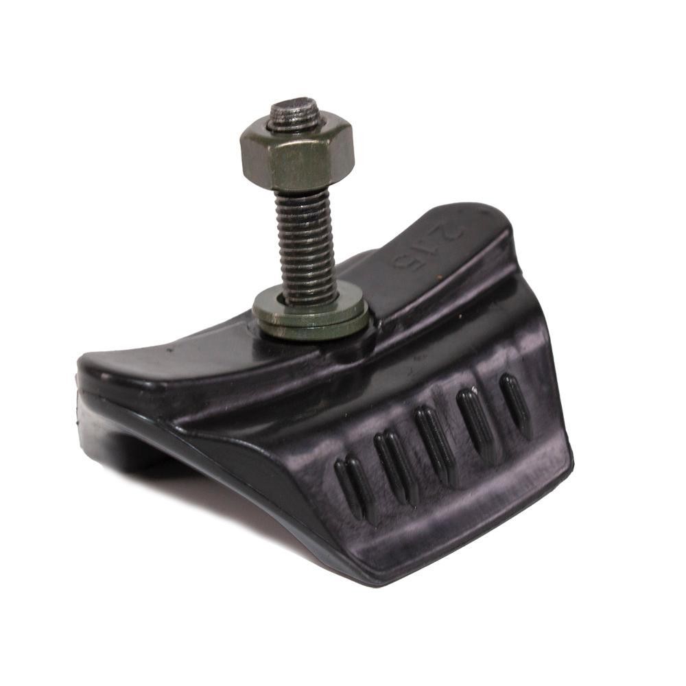 Black rubber rim lock with a textured surface and three grooves, featuring a central metallic bolt and nut for secure attachment.