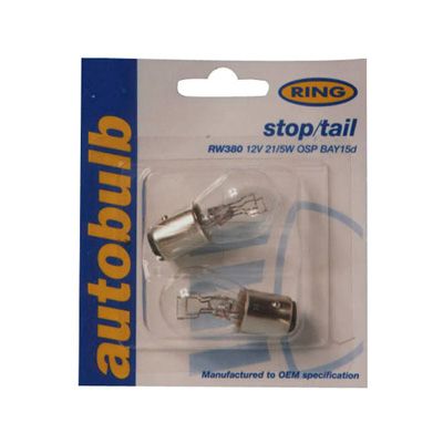 Two Ring BAY15d P21/5W brake bulbs in clear glass with a silver base, packaged on a blue and white card labeled "autobulb" and "stop/tail."