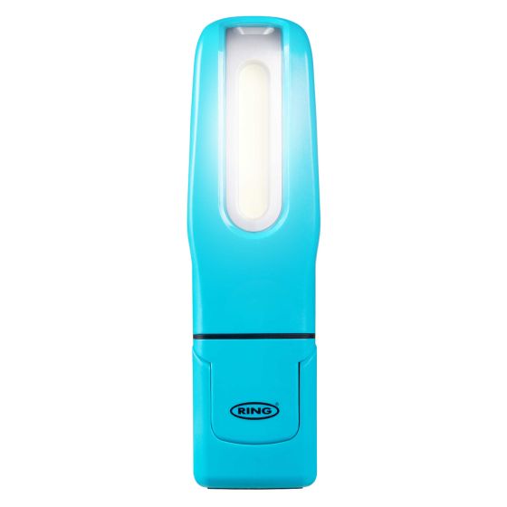 Blue rechargeable handheld inspection lamp with a slim design, featuring a bright white LED light and a sleek plastic body, ideal for detailed inspections in tight spaces.