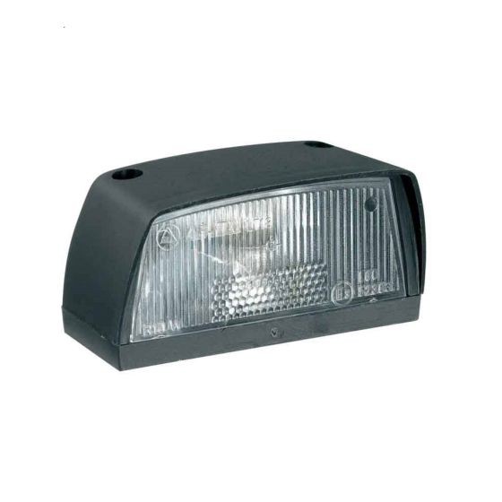 Black plastic number plate lamp with a clear lens, featuring a ribbed design for light diffusion and two mounting holes on the back for easy installation.