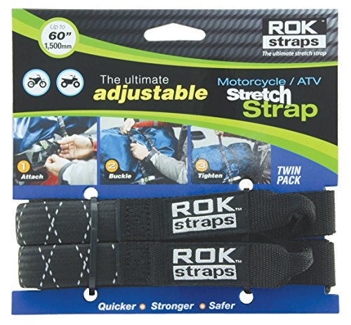 Black adjustable stretch strap set for motorcycles, featuring durable material, twin pack design, and clear instructions for use on packaging.