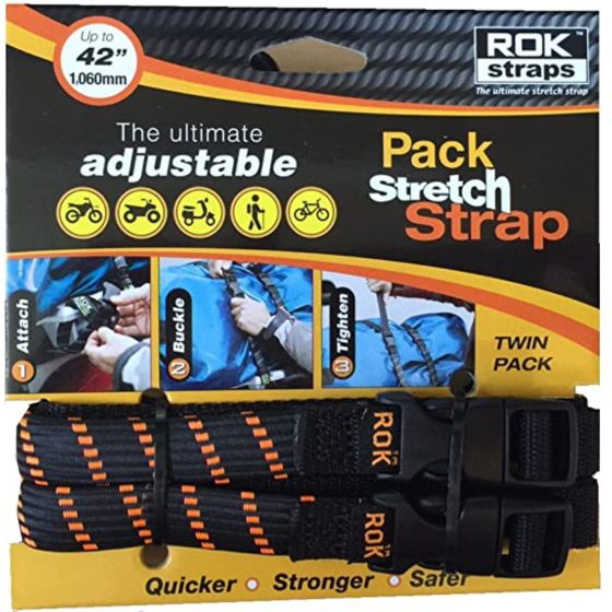 Black and orange adjustable stretch strap set by ROK, featuring durable material, twin pack design, and a maximum length of 42 inches for securing items.