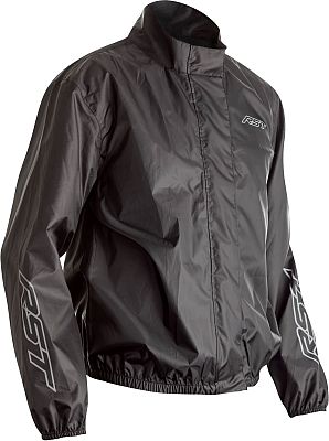 Lightweight black rain jacket by RST, featuring a high collar, elastic cuffs, and a drawstring hem, designed for a comfortable fit in size XXL.