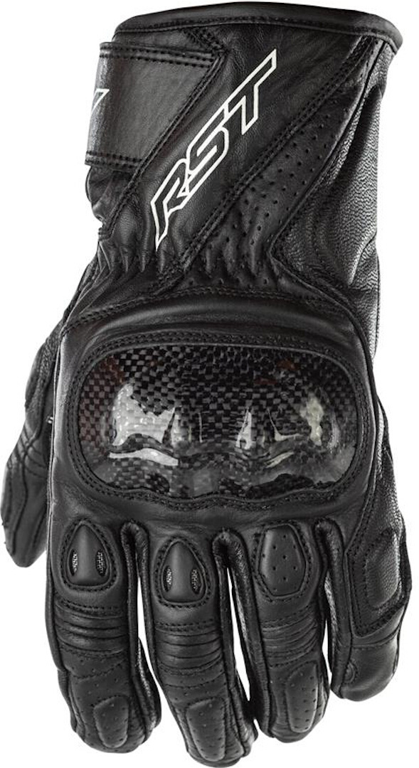 Black leather women's gloves by RST, featuring carbon fiber knuckle protection, padded palms, and perforated detailing for breathability, in size 6.