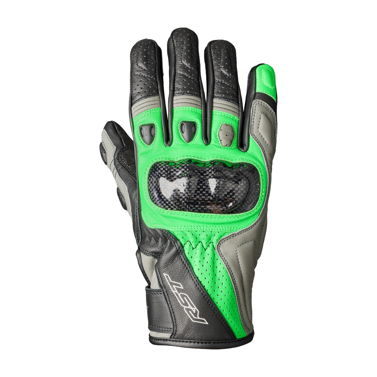 Black, neon green, and grey RST Stunt III gloves in size 10, featuring a carbon fiber knuckle protector and padded palm for enhanced grip and protection.