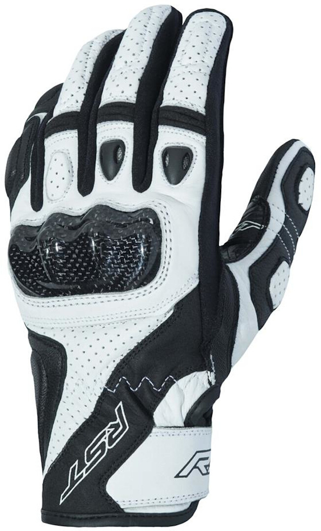 RST Stunt III motorcycle gloves in black and white, featuring a leather and textile blend, perforated panels for ventilation, and protective knuckle armor. Size M for men.