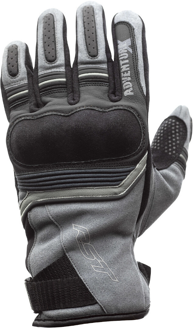 Grey and light grey RST Adventure-X gloves, size 10, featuring padded knuckles, textured palm for grip, and adjustable wrist closure for a secure fit.