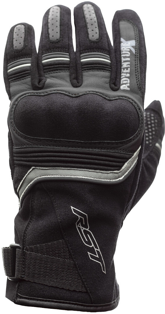Black RST Adventure-X gloves in size 8, featuring padded knuckles, reinforced palm, and reflective accents for enhanced visibility and protection.