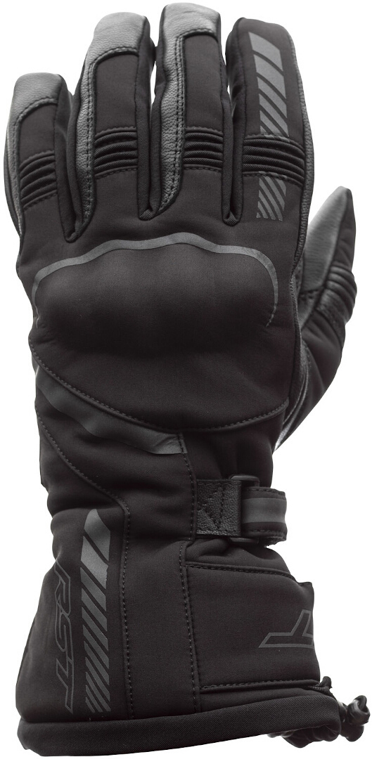 Black waterproof gloves by RST, featuring a padded palm, textured grip, and adjustable wrist strap, designed for size 8.