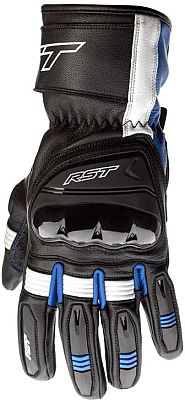 Black, white, and blue RST Pilot gloves in size 8, featuring a leather exterior, reinforced knuckles, and padded palms for enhanced grip and protection.