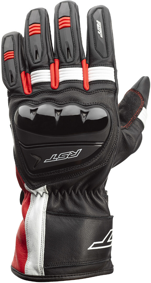 Black leather gloves with white and red accents, featuring protective knuckle armor, reinforced stitching, and a snug fit, size 8, by RST.