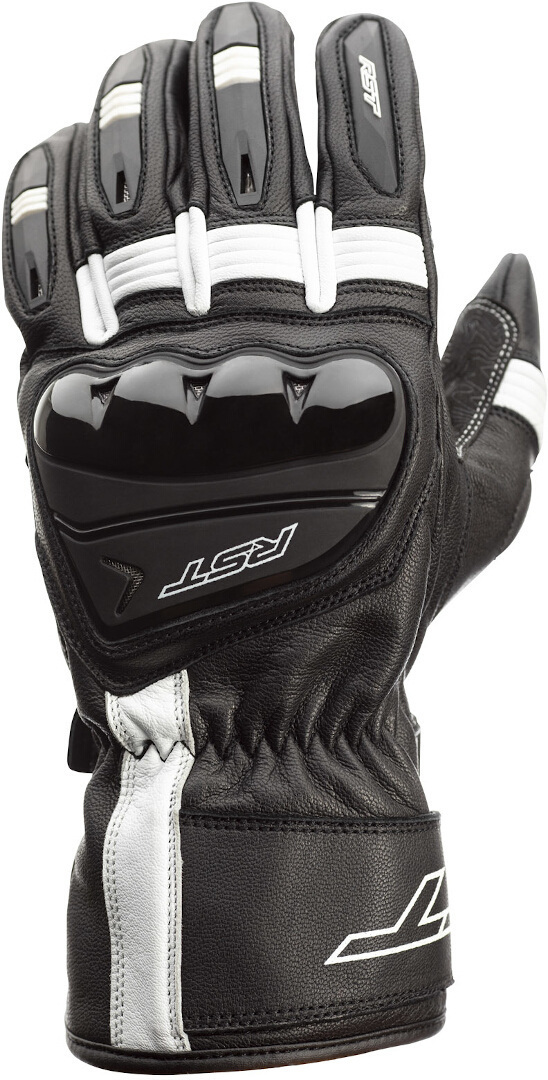 Black and white RST Pilot motorcycle gloves in size S for men, featuring a leather exterior, padded knuckles, and a sleek, sporty design with reinforced palm areas.