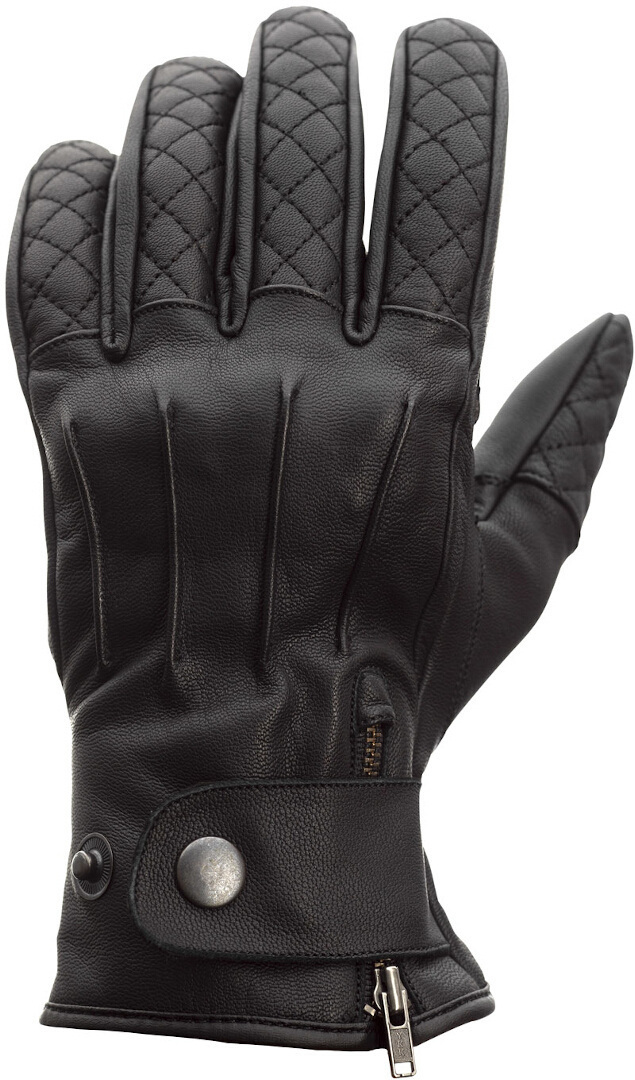 Black leather gloves with a quilted pattern, featuring a zippered cuff and a snap button closure, designed for a snug fit and comfort, size 10.