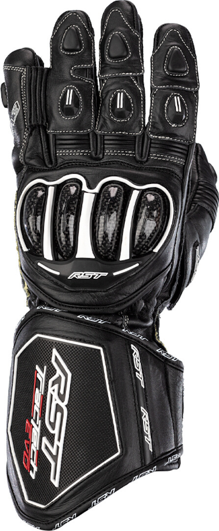 Black RST TracTech Evo 4 gloves in size 9, featuring carbon knuckle protection, reinforced palm, and stylish design with white accents.