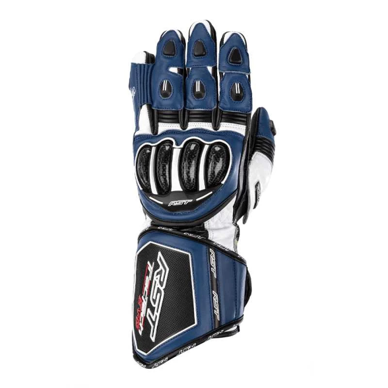 Blue, white, and black RST TracTech Evo 4 gloves, size 8, featuring carbon knuckle protection, padded palm, and finger ventilation for enhanced grip and comfort.