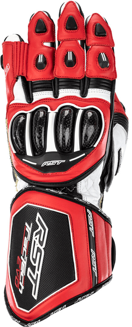 Red, white, and black RST TracTech Evo 4 gloves in size 8, featuring carbon knuckle protection, reinforced palm, and a sleek design for enhanced grip and safety.