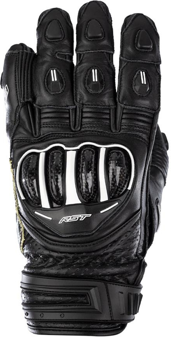 Black RST TracTech Evo 4 Short gloves in size 9, featuring a textured leather finish, reinforced knuckles, and white accents for enhanced visibility and protection.