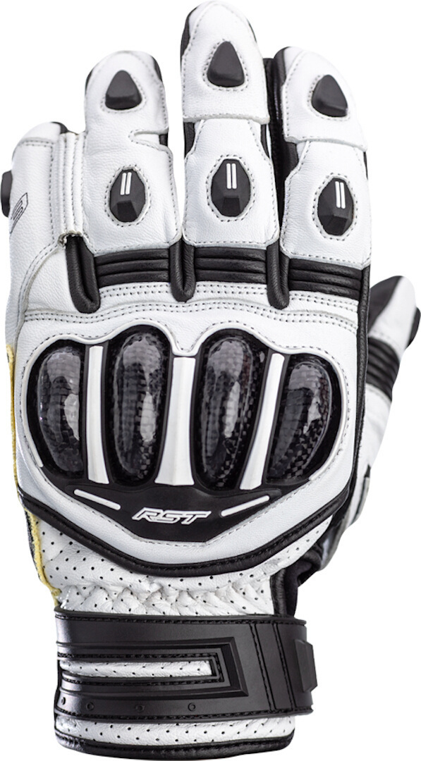 RST TracTech Evo 4 short gloves in white and black, featuring carbon knuckle protection, perforated leather, and a secure wrist strap, size 9.