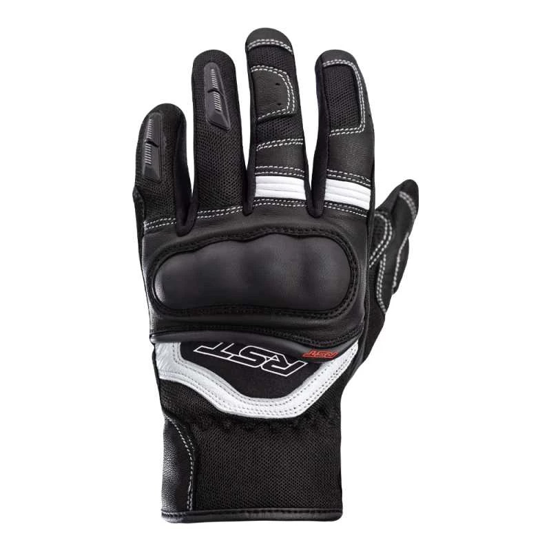 Black and white RST Urban Air 3 gloves feature a padded knuckle, reinforced palm, and textured grip, designed for comfort and protection in size 12.
