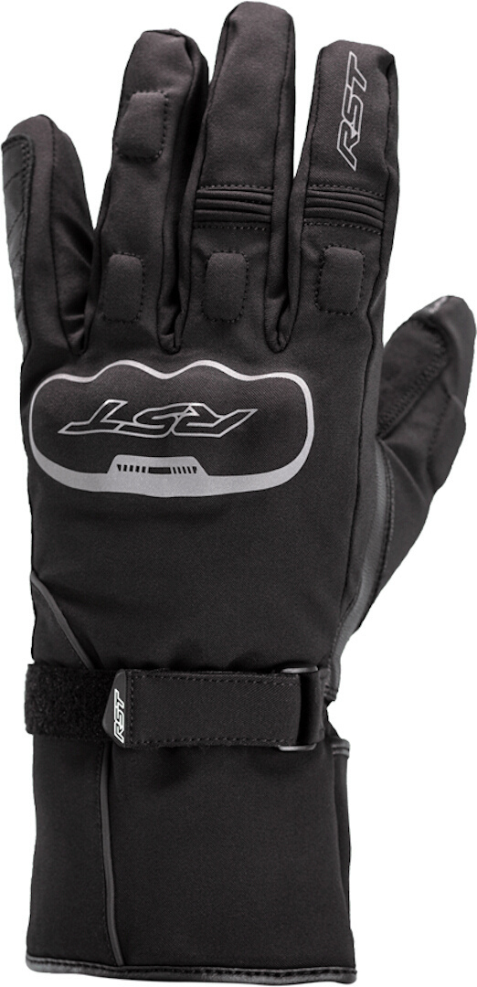 Black waterproof gloves by RST, featuring a snug fit, reinforced palm, and adjustable wrist strap, designed for size 8.