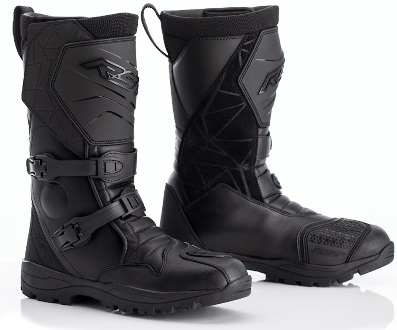 Black waterproof RST Adventure-X boots in size 44 EU, featuring a sturdy design, adjustable buckles, and textured panels for enhanced grip and protection.