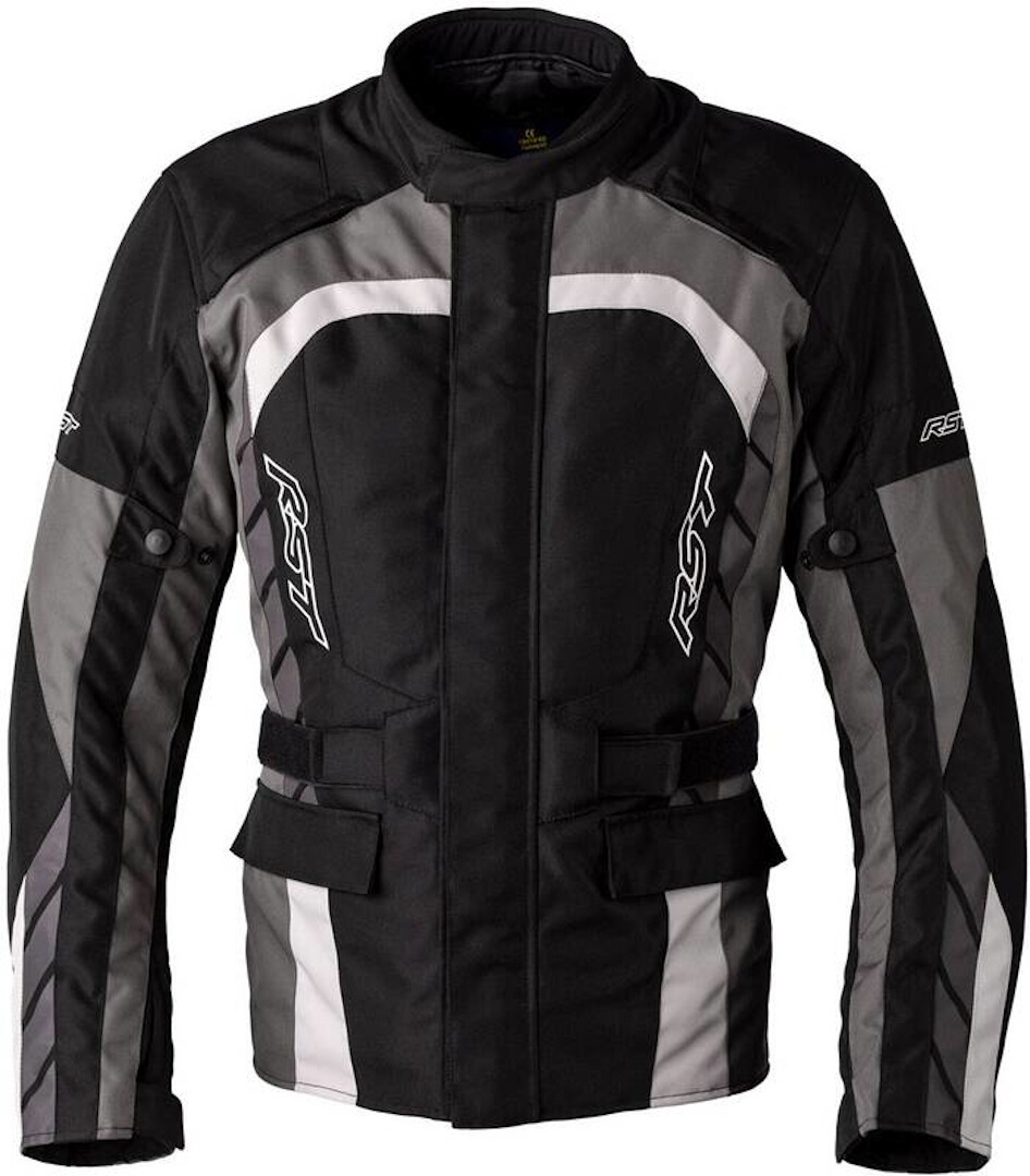 Black-grey RST Alpha 5 motorcycle textile jacket for men, size S, featuring a sleek design, adjustable waist straps, and reflective detailing for visibility.