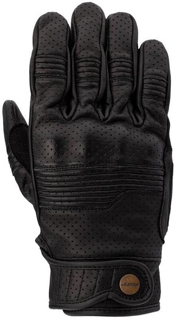 Black RST Roadster 3 gloves in size 11, featuring perforated leather for breathability, padded knuckles, and a secure wrist strap for a comfortable fit.