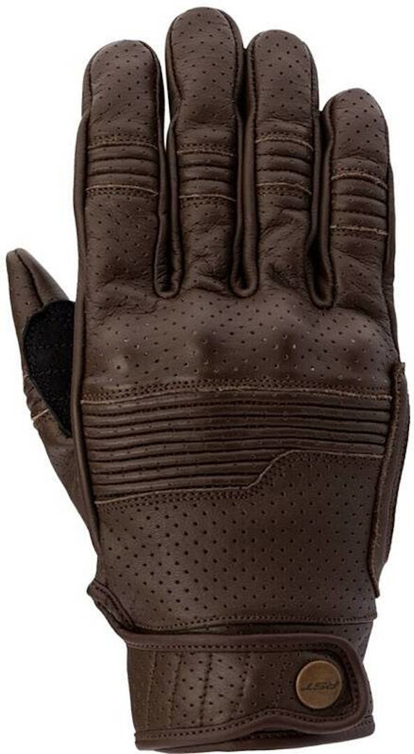 Dark brown leather gloves with perforated detailing, reinforced stitching, and a secure wrist strap, designed for motorcycle riding, size 11.