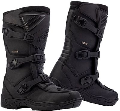 Black waterproof RST Ambush boots featuring three adjustable buckles, a padded collar, and a rugged sole, designed for durability and comfort in size 48 EU.