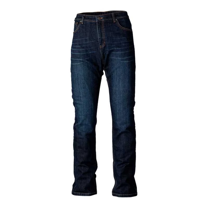 Dark blue straight jeans for women by RST, size M, featuring a classic five-pocket design and a high-rise waist for a stylish fit.
